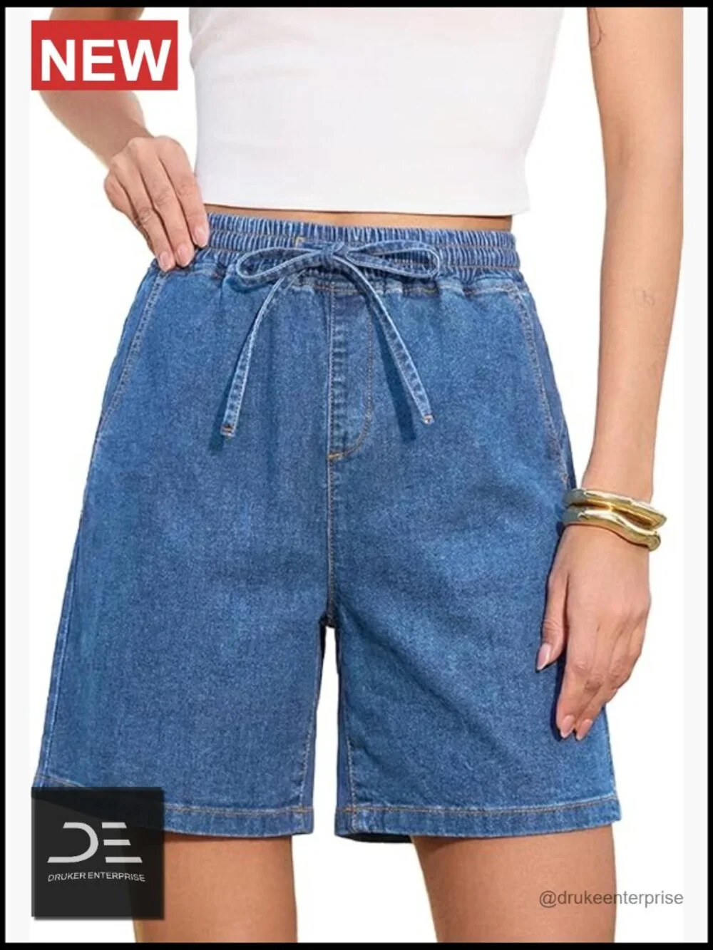 High Waisted Stretchy Drawstring Elastic Waist Baggy Denim Shorts